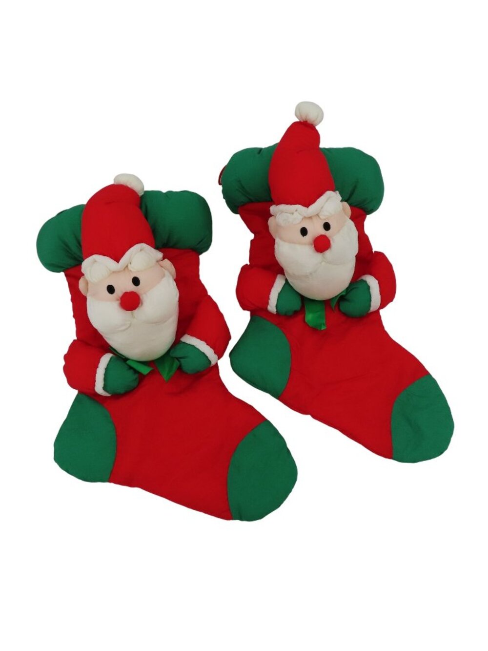 Vintage Pair of 2 Puffy Plush Santa Claus Christmas Stockings Holiday Xmas Decor